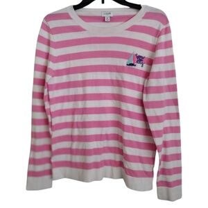 J Crew Pink White Striped lightweight sweater sailboat logo size medium